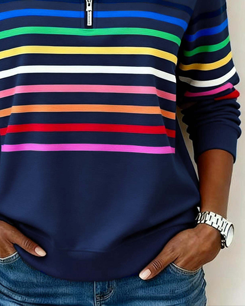 Comfort Zip Sweatshirt with Colourful Stripes - Relaxed Fit