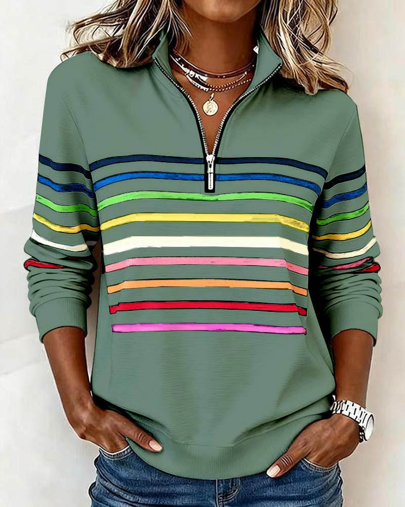Comfort Zip Sweatshirt with Colourful Stripes - Relaxed Fit