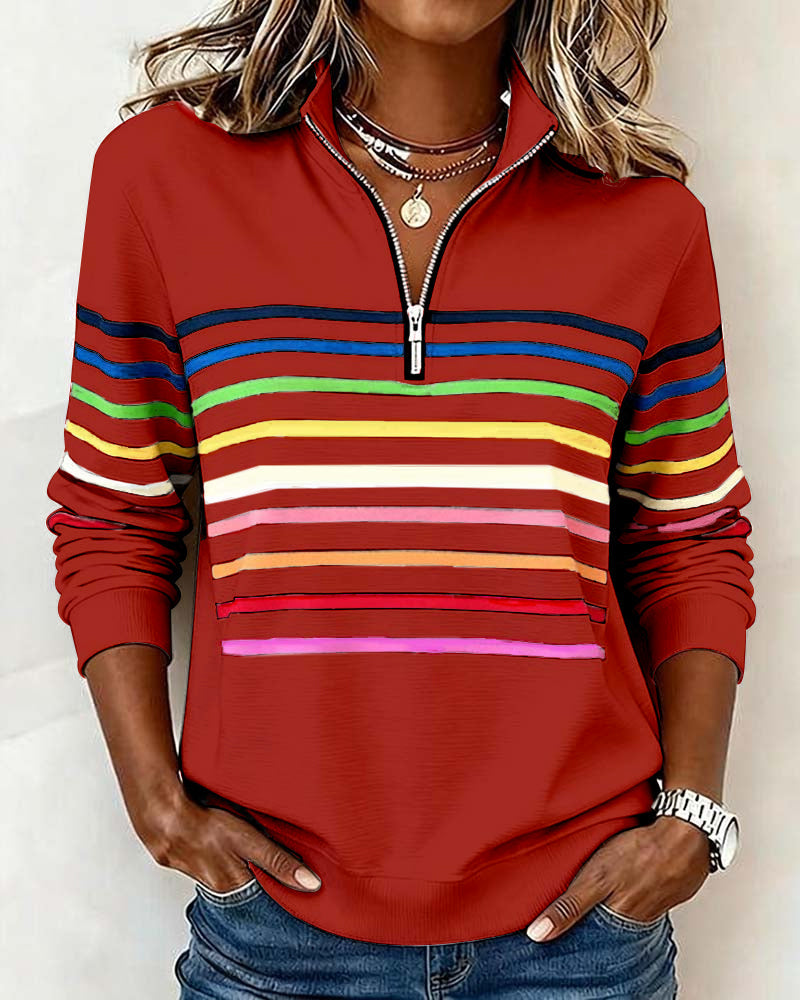 Comfort Zip Sweatshirt with Colourful Stripes - Relaxed Fit