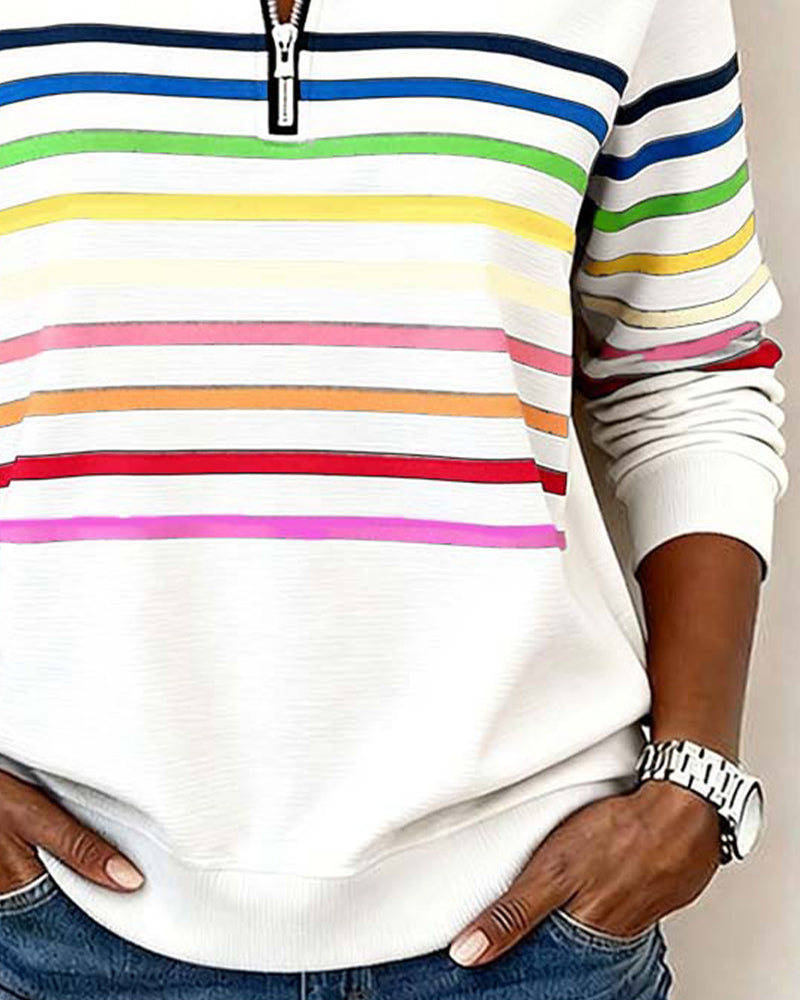 Comfort Zip Sweatshirt with Colourful Stripes - Relaxed Fit
