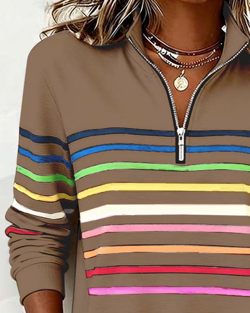 Comfort Zip Sweatshirt with Colourful Stripes - Relaxed Fit