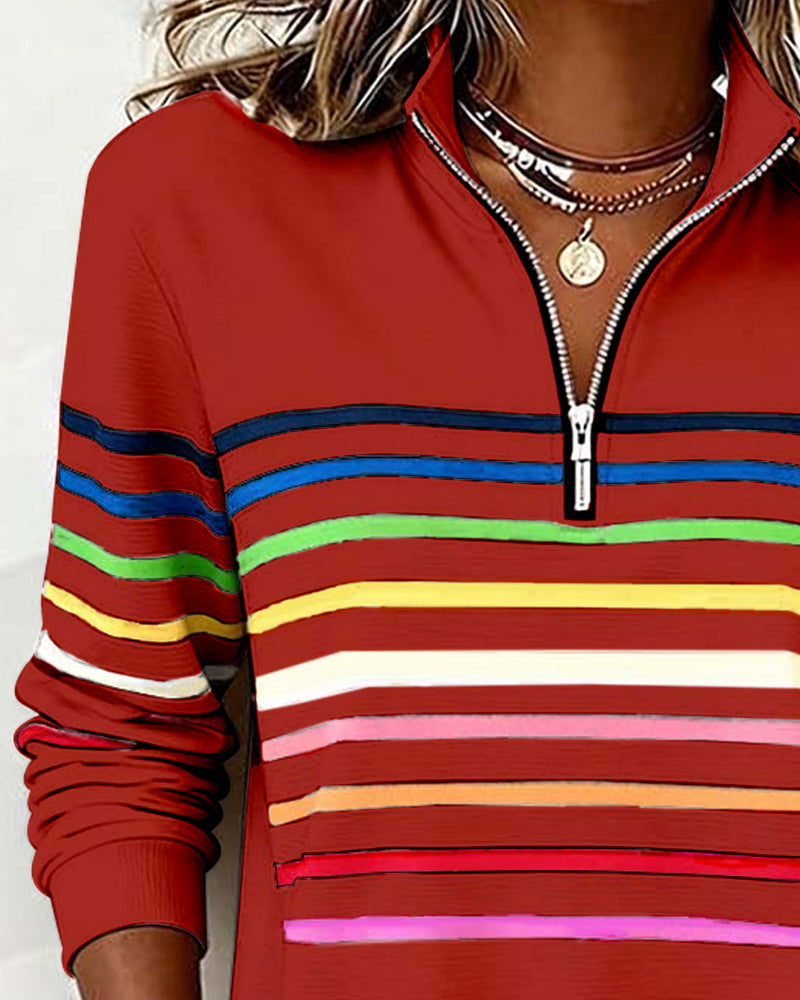 Comfort Zip Sweatshirt with Colourful Stripes - Relaxed Fit