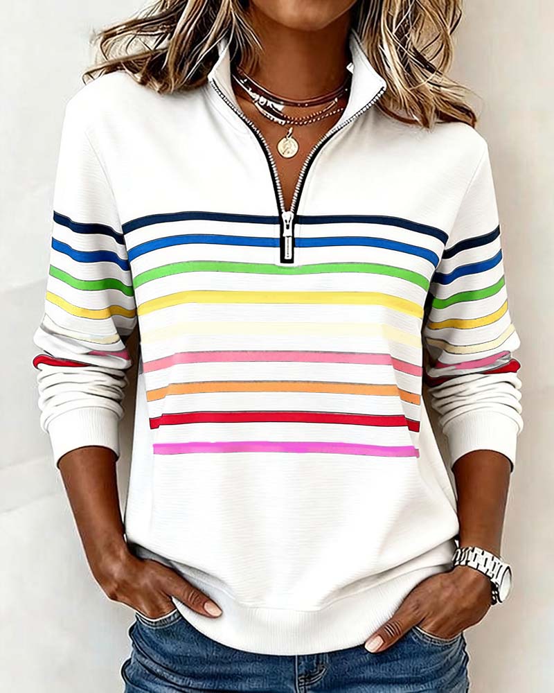 Comfort Zip Sweatshirt with Colourful Stripes - Relaxed Fit