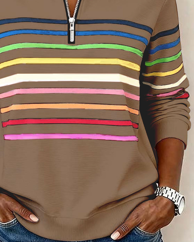 Comfort Zip Sweatshirt with Colourful Stripes - Relaxed Fit