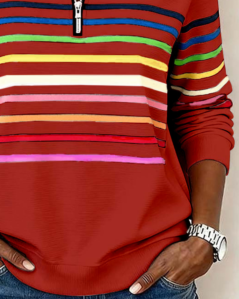 Comfort Zip Sweatshirt with Colourful Stripes - Relaxed Fit