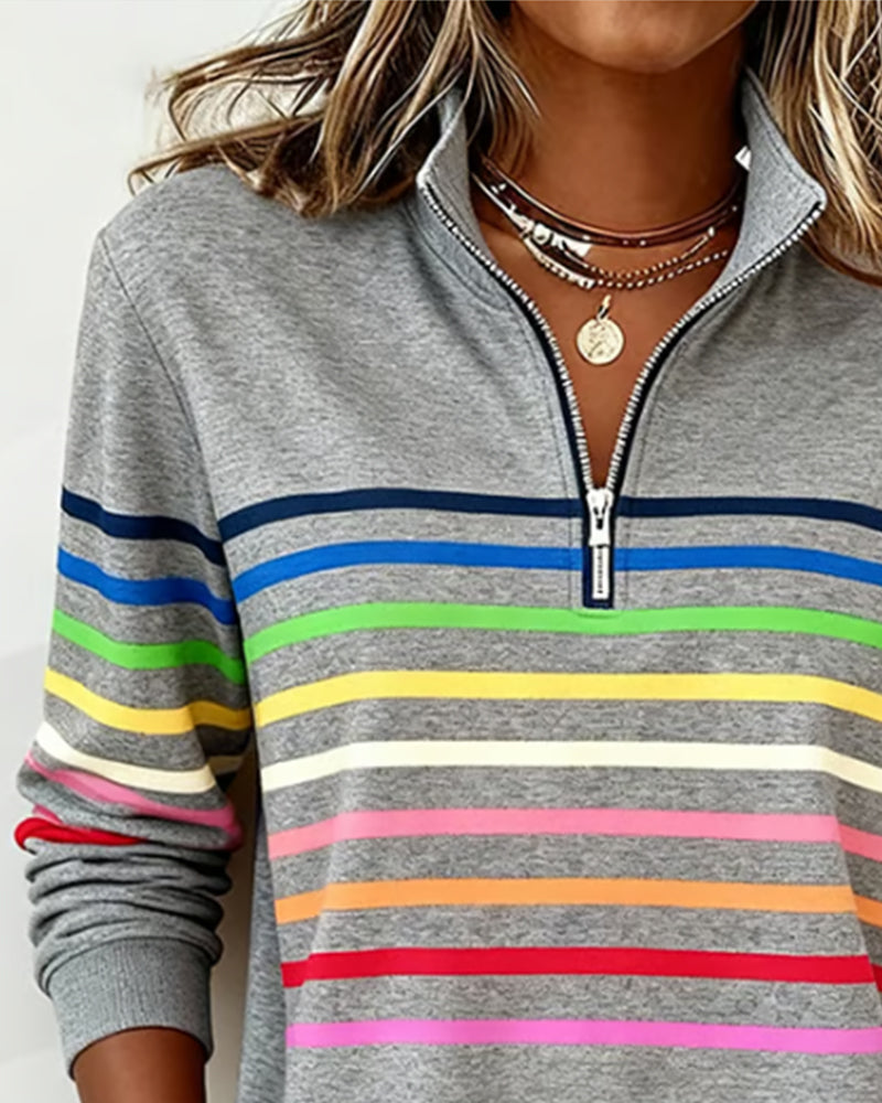 Comfort Zip Sweatshirt with Colourful Stripes - Relaxed Fit