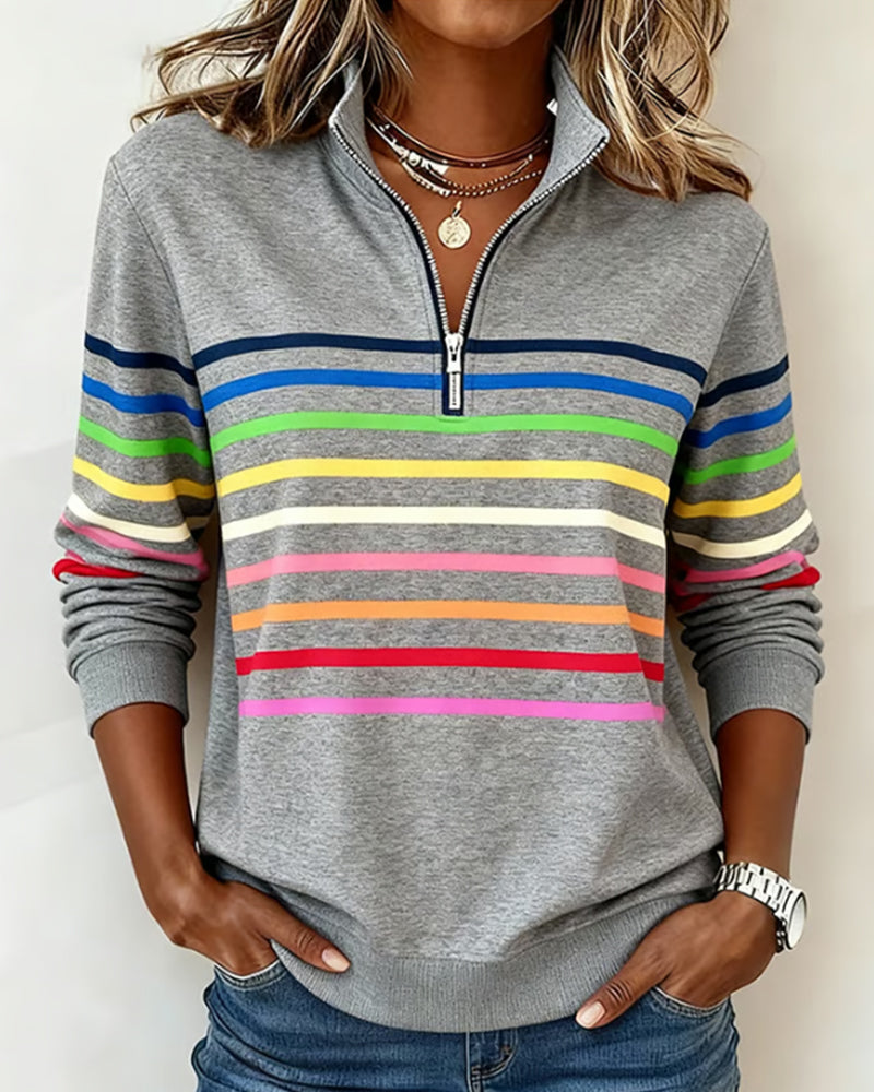 Comfort Zip Sweatshirt with Colourful Stripes - Relaxed Fit